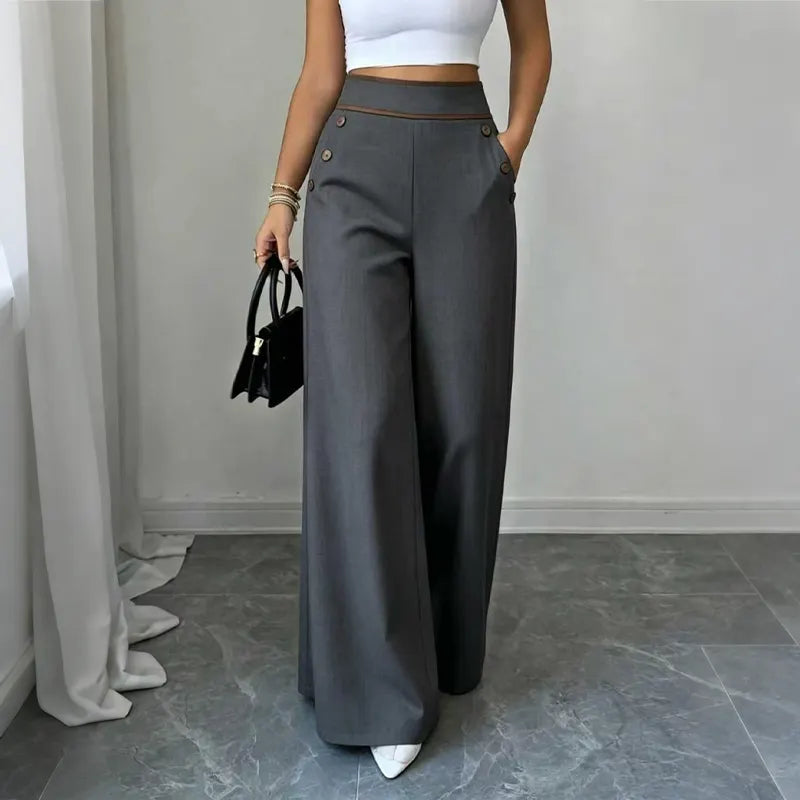 👖High-Waisted Wide-Leg Casual Pants with Contrast-Color Buttons and Pockets