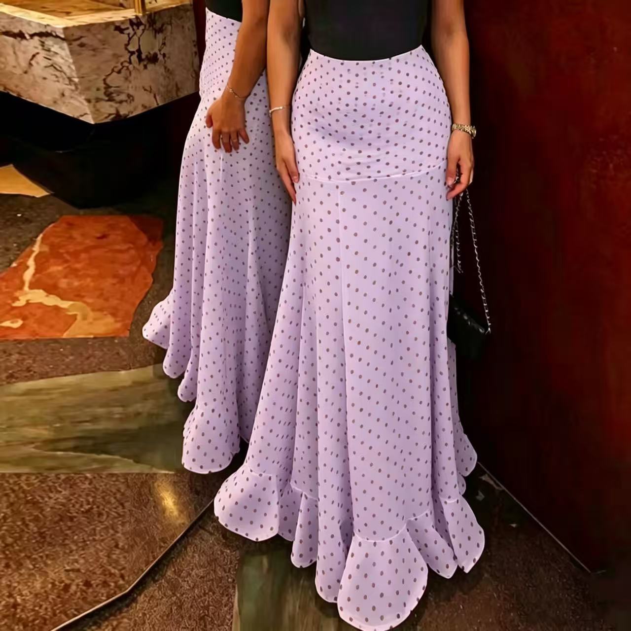 White & Black Polka Dot Floor-length Chiffon Skirt - Buy 2 items and get free shipping!