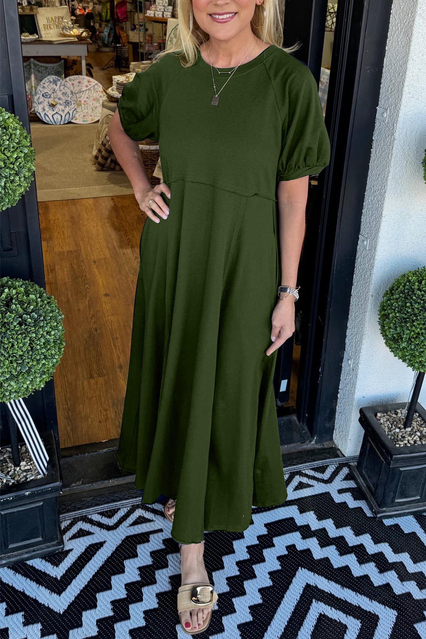🔥Women's Solid Color Puff Sleeve Round Neck Long Dress(Buy 2 Free Shipping)