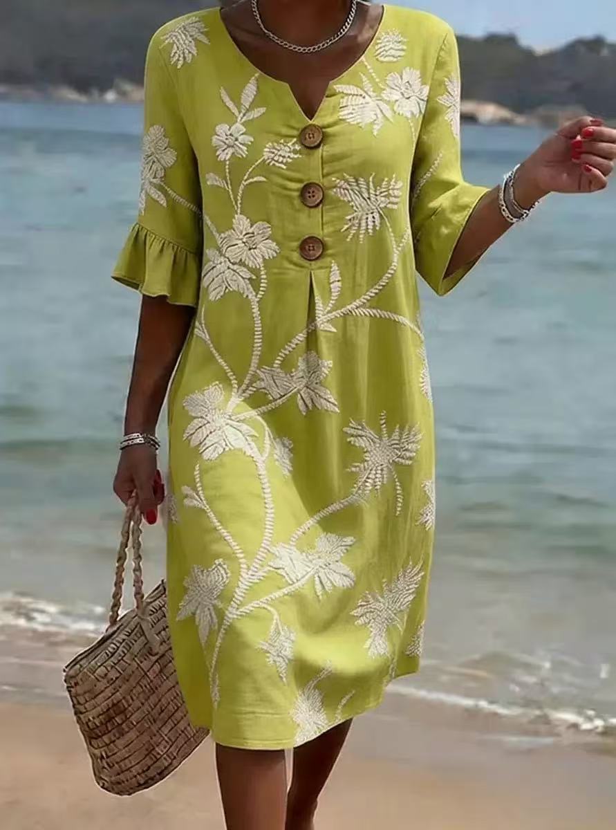 💃Women's Printed V-Neck Button-Up Midi Dress - A Perfect Vacation Outfit