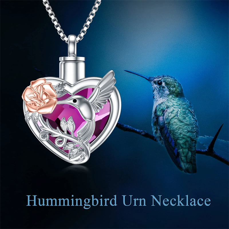 Hummingbird Urn Necklace for Ashes Sterling Silver with Crystal Cremation Jewelry w/Funnel Filler Keepsake Memory Jewelry for Women Girls