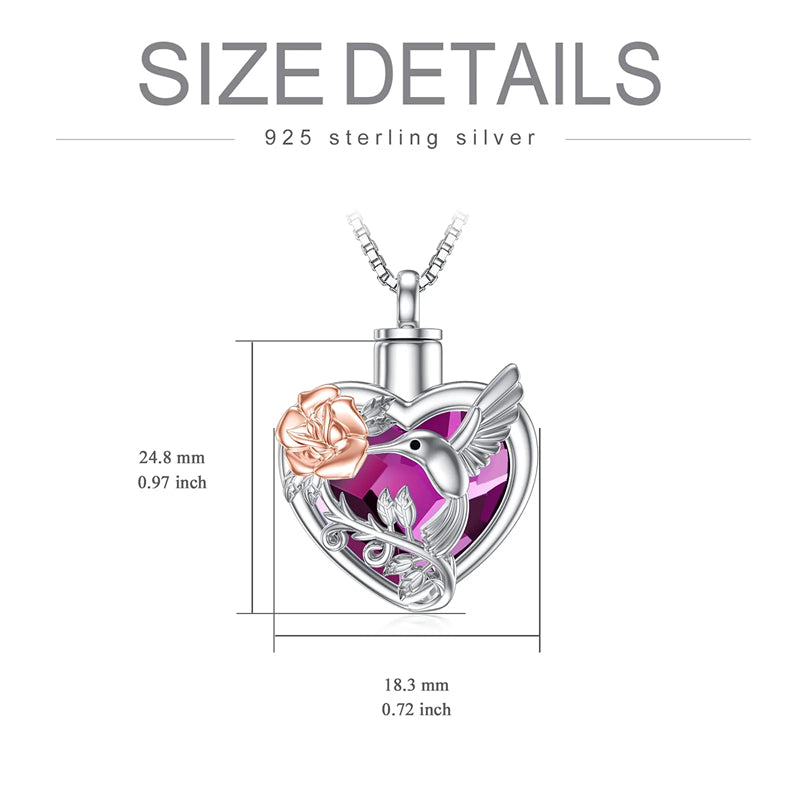 Hummingbird Urn Necklace for Ashes Sterling Silver with Crystal Cremation Jewelry w/Funnel Filler Keepsake Memory Jewelry for Women Girls
