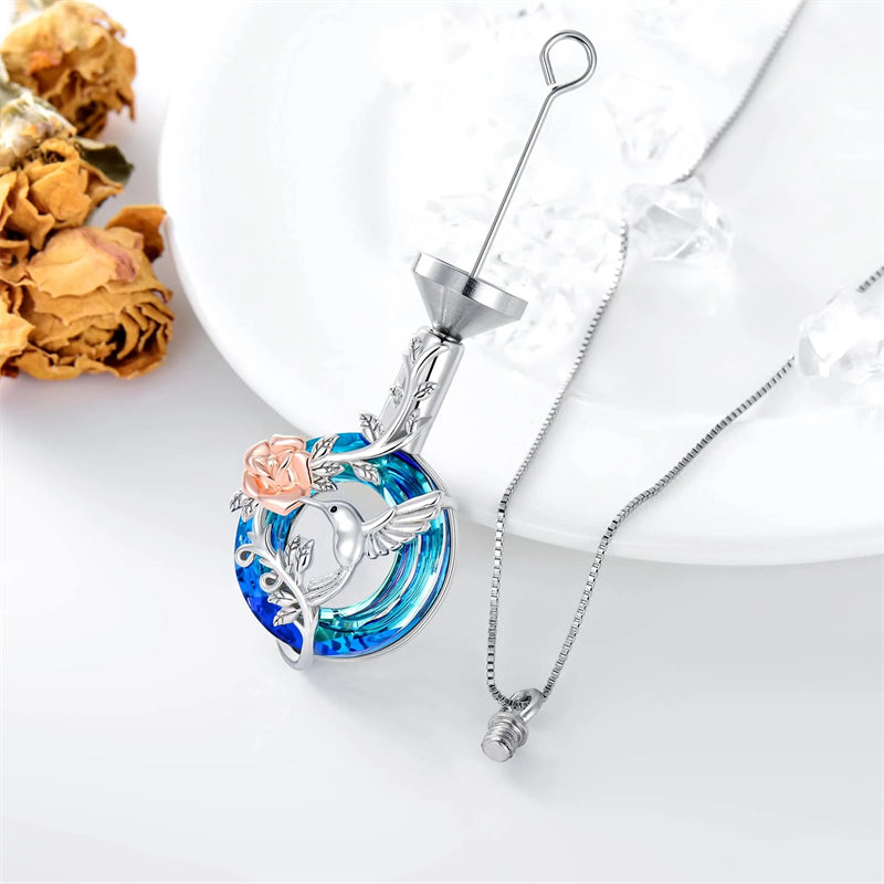 Hummingbird Urn Necklace for Ashes Sterling Silver with Crystal Cremation Jewelry w/Funnel Filler Keepsake Memory Jewelry for Women Girls