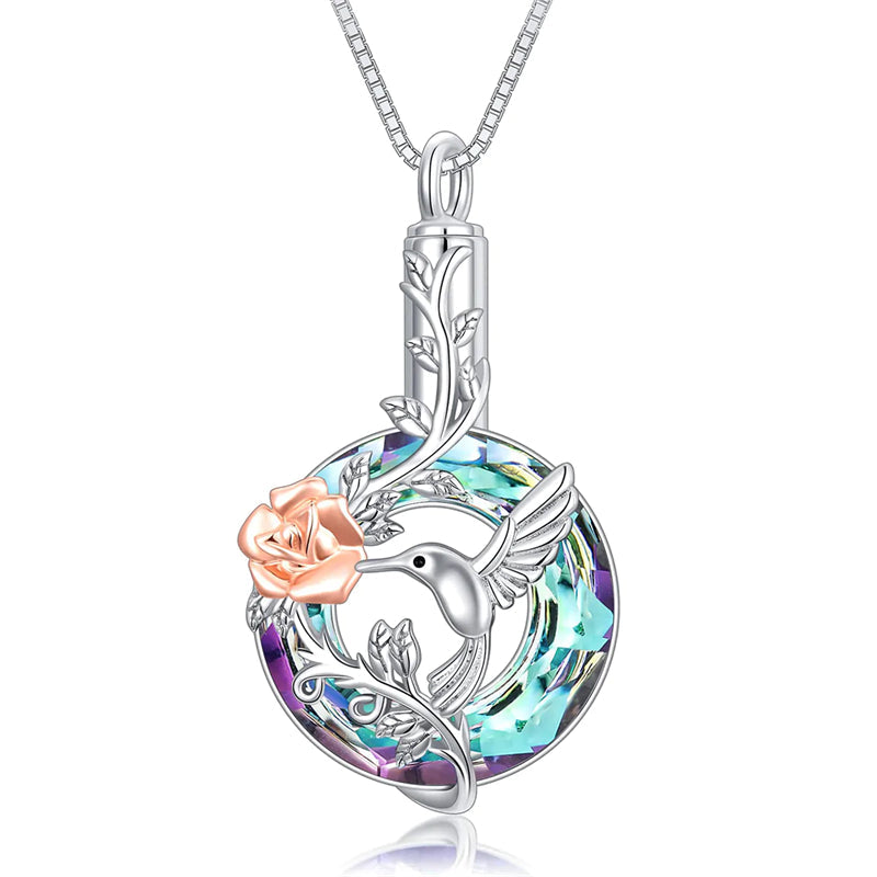 Hummingbird Urn Necklace for Ashes Sterling Silver with Crystal Cremation Jewelry w/Funnel Filler Keepsake Memory Jewelry for Women Girls