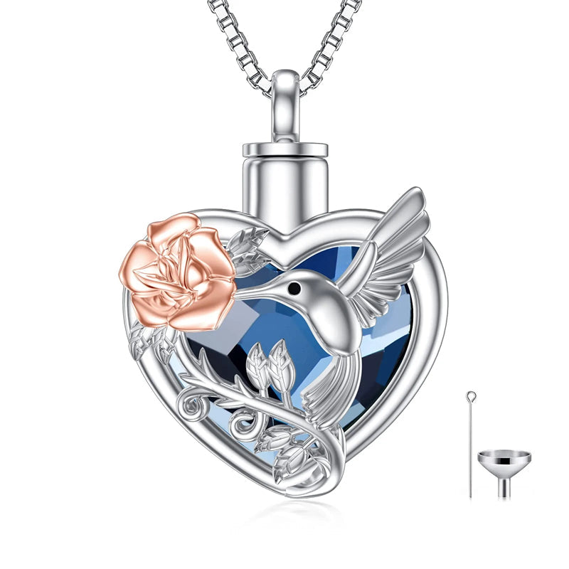 Hummingbird Urn Necklace for Ashes Sterling Silver with Crystal Cremation Jewelry w/Funnel Filler Keepsake Memory Jewelry for Women Girls