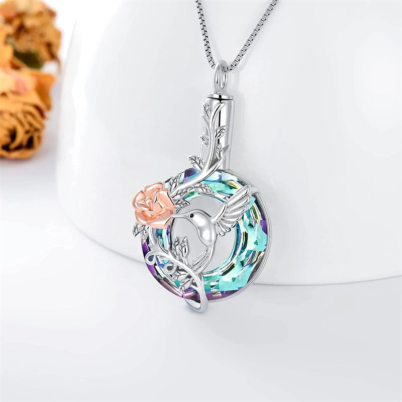 Hummingbird Urn Necklace for Ashes Sterling Silver with Crystal Cremation Jewelry w/Funnel Filler Keepsake Memory Jewelry for Women Girls