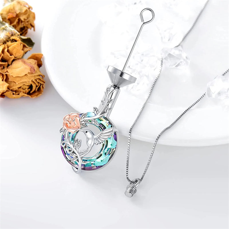 Hummingbird Urn Necklace for Ashes Sterling Silver with Crystal Cremation Jewelry w/Funnel Filler Keepsake Memory Jewelry for Women Girls