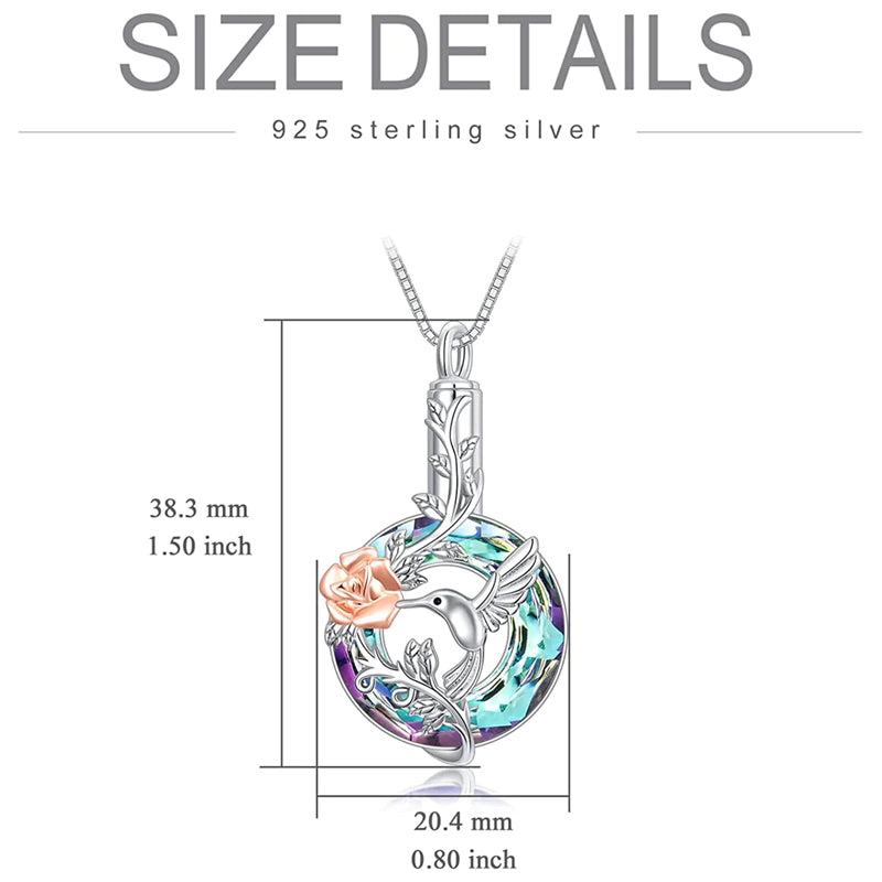 Hummingbird Urn Necklace for Ashes Sterling Silver with Crystal Cremation Jewelry w/Funnel Filler Keepsake Memory Jewelry for Women Girls