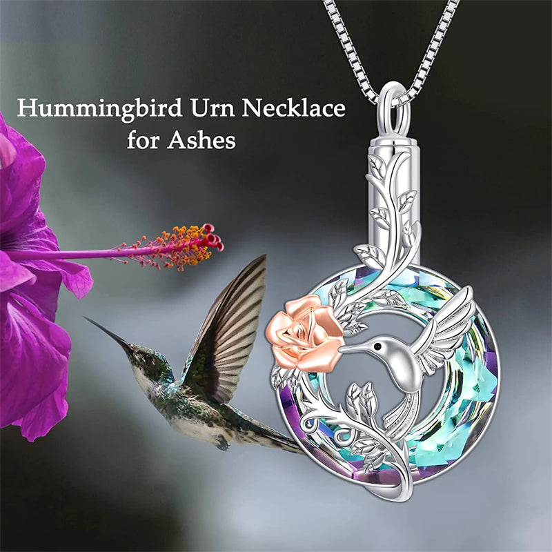 Hummingbird Urn Necklace for Ashes Sterling Silver with Crystal Cremation Jewelry w/Funnel Filler Keepsake Memory Jewelry for Women Girls