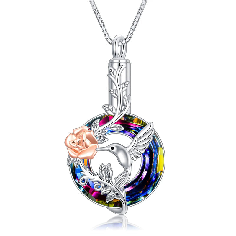 Hummingbird Urn Necklace for Ashes Sterling Silver with Crystal Cremation Jewelry w/Funnel Filler Keepsake Memory Jewelry for Women Girls