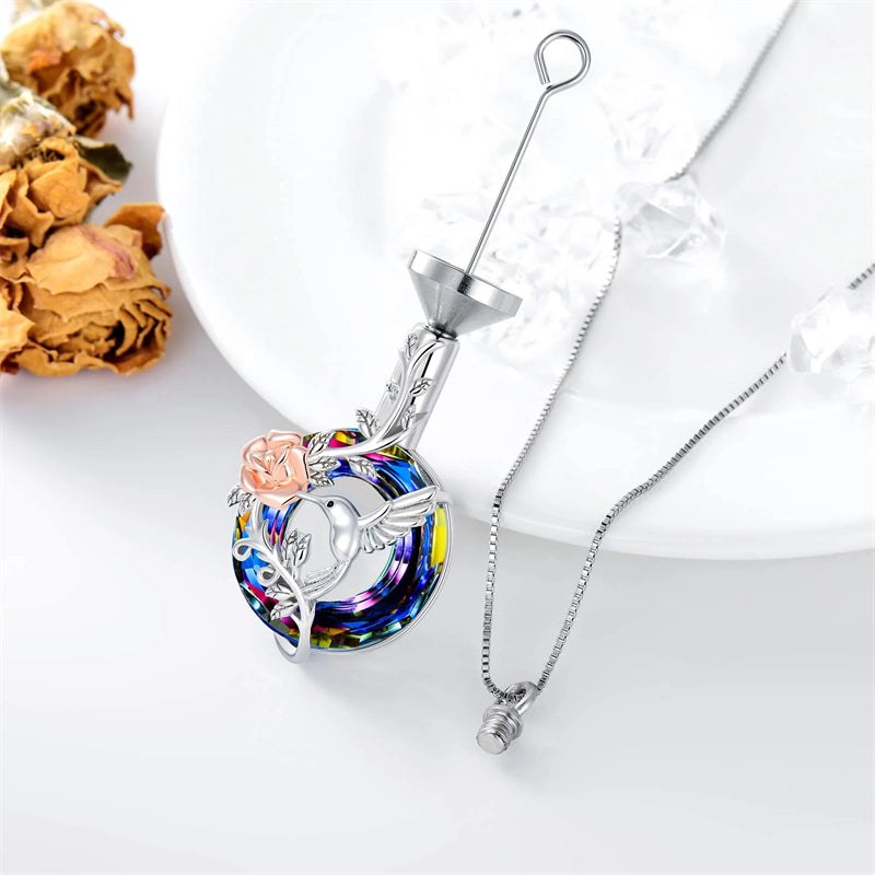 Hummingbird Urn Necklace for Ashes Sterling Silver with Crystal Cremation Jewelry w/Funnel Filler Keepsake Memory Jewelry for Women Girls