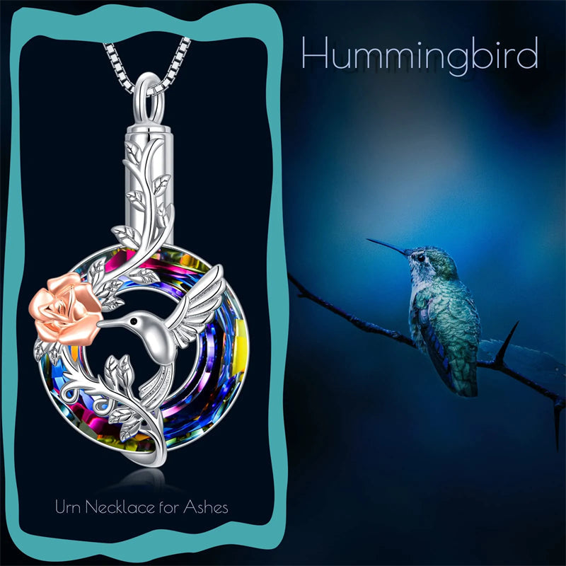 Hummingbird Urn Necklace for Ashes Sterling Silver with Crystal Cremation Jewelry w/Funnel Filler Keepsake Memory Jewelry for Women Girls