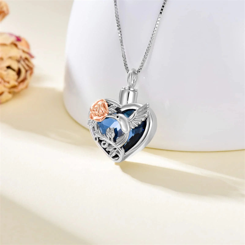 Hummingbird Urn Necklace for Ashes Sterling Silver with Crystal Cremation Jewelry w/Funnel Filler Keepsake Memory Jewelry for Women Girls