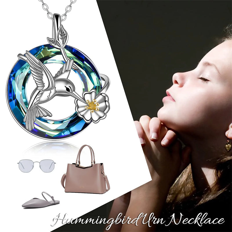 Hummingbird Urn Necklace for Ashes Sterling Silver with Crystal Cremation Jewelry w/Funnel Filler Keepsake Memory Jewelry for Women Girls