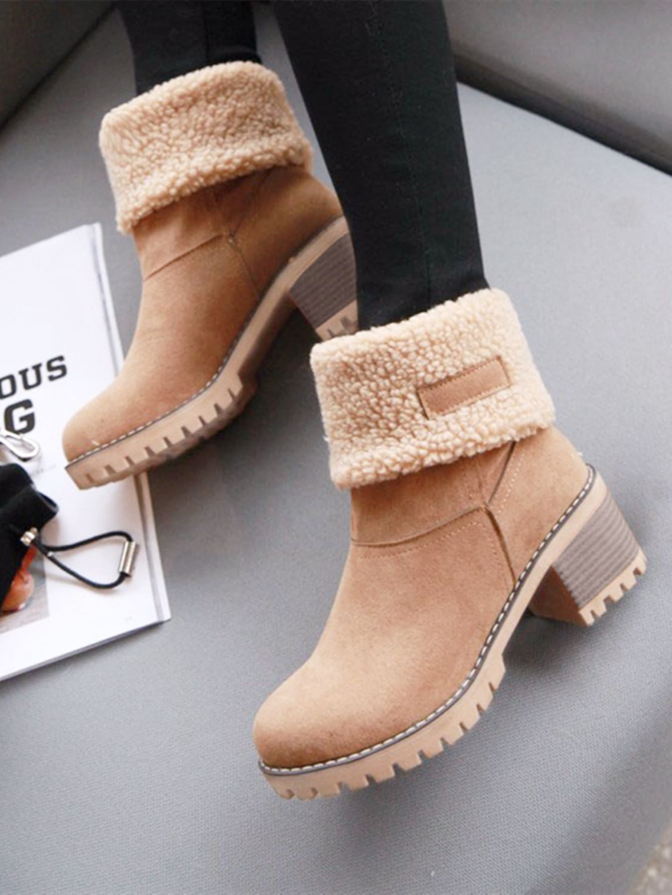 Suedette Cotton Lining Chunky Heeled Snow Boots
