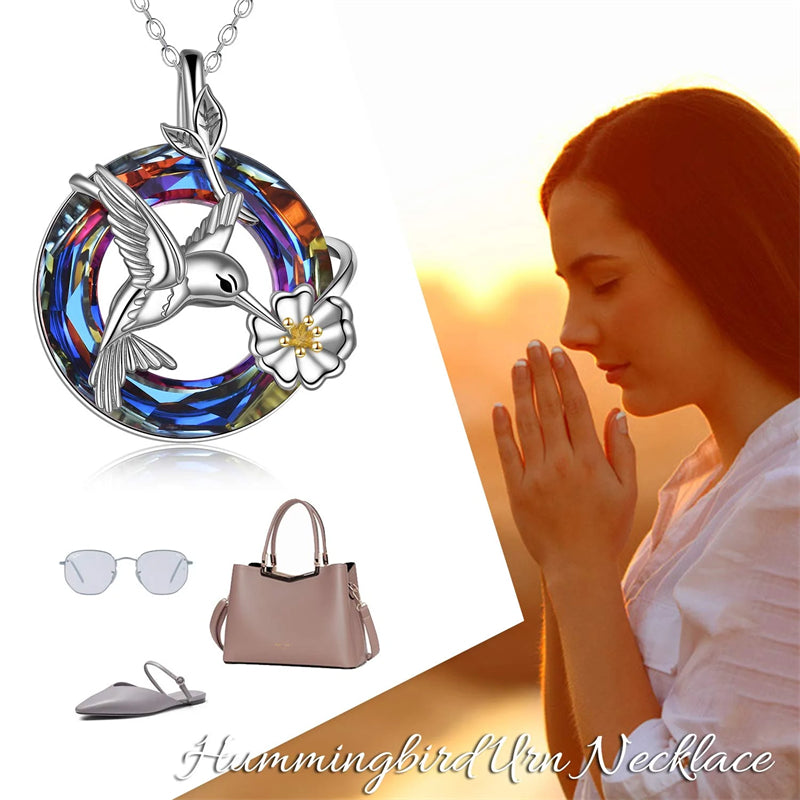 Hummingbird Urn Necklace for Ashes Sterling Silver with Crystal Cremation Jewelry w/Funnel Filler Keepsake Memory Jewelry for Women Girls