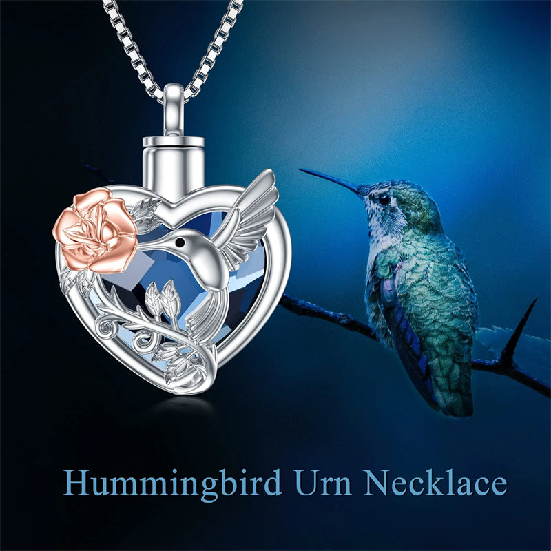 Hummingbird Urn Necklace for Ashes Sterling Silver with Crystal Cremation Jewelry w/Funnel Filler Keepsake Memory Jewelry for Women Girls