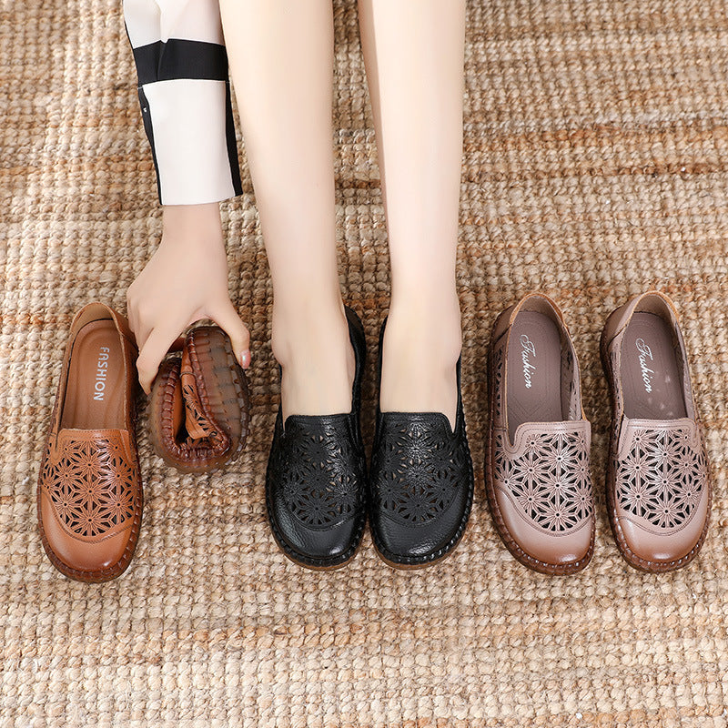 2024 new comfortable soft bottom breathable non-slip engraved retro ladies leather shoes