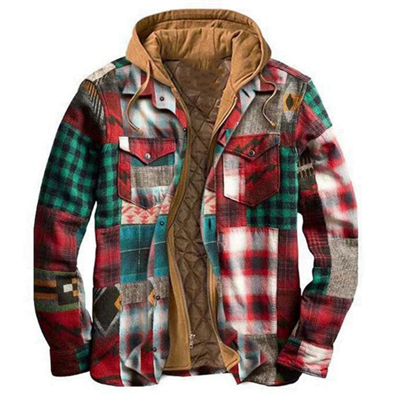 MEN'S CASUAL OUTDOOR THICK PLAID FASHION WIND HOODED