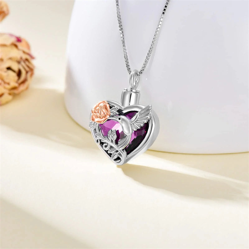 Hummingbird Urn Necklace for Ashes Sterling Silver with Crystal Cremation Jewelry w/Funnel Filler Keepsake Memory Jewelry for Women Girls