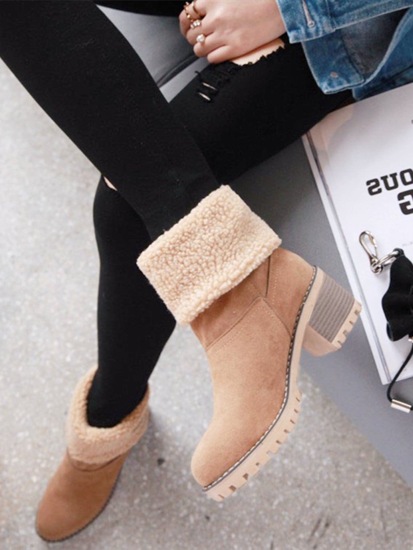 Suedette Cotton Lining Chunky Heeled Snow Boots