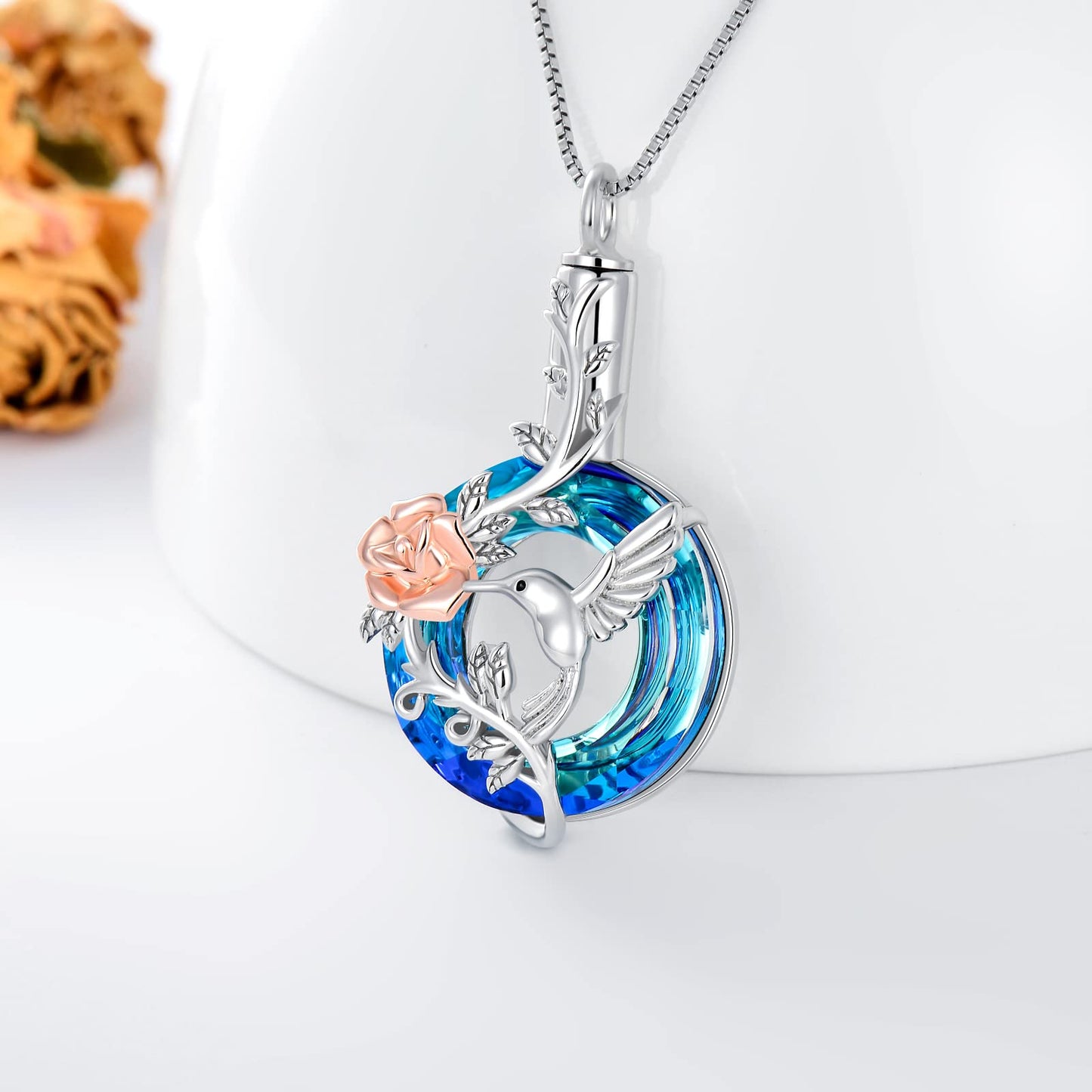 Hummingbird Urn Necklace for Ashes Sterling Silver with Crystal Cremation Jewelry w/Funnel Filler Keepsake Memory Jewelry for Women Girls