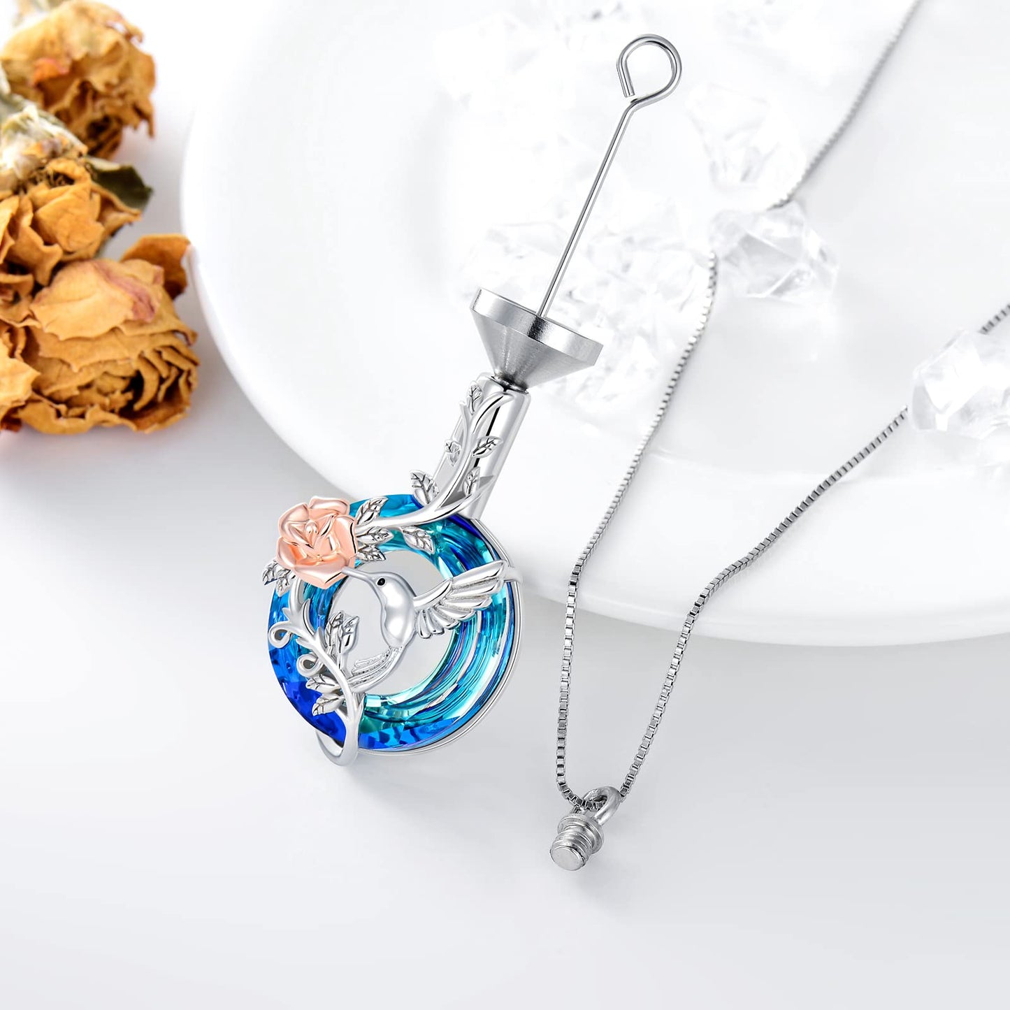 Hummingbird Urn Necklace for Ashes Sterling Silver with Crystal Cremation Jewelry w/Funnel Filler Keepsake Memory Jewelry for Women Girls