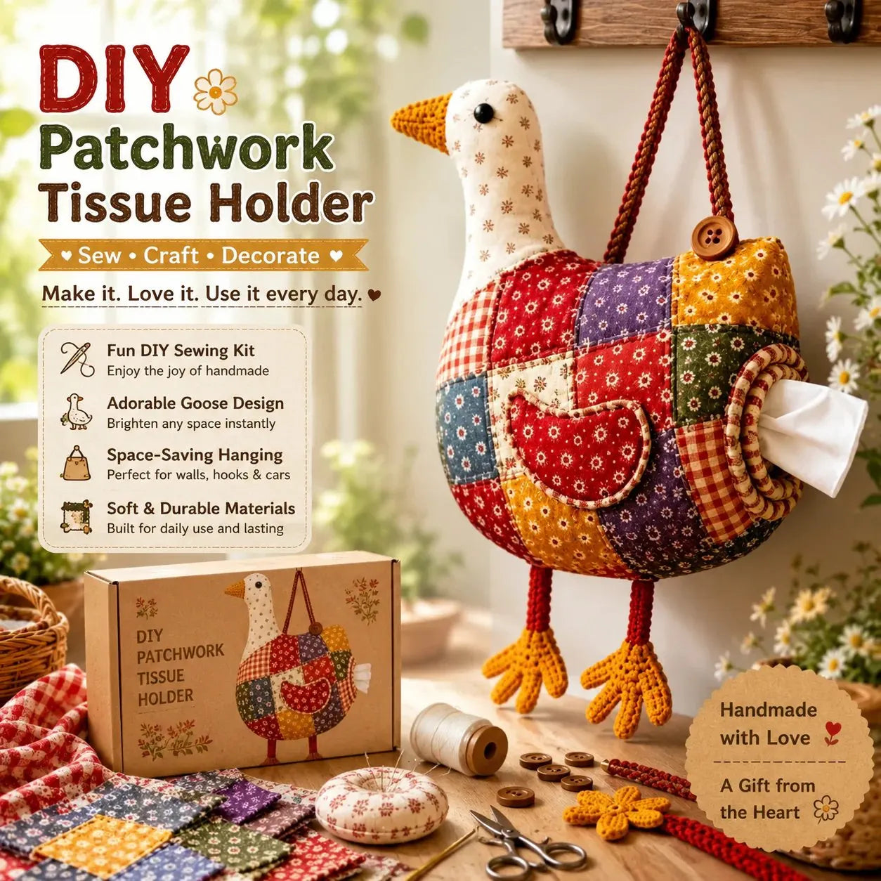 🧵 DIY Patchwork Chicken & Duck Tissue Cover 🐔 — Sew it yourself and hang it up to brighten your home!