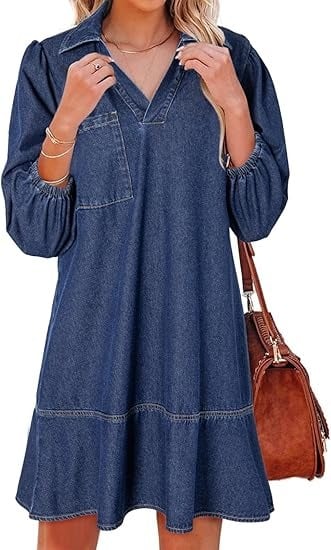 V-Neck Denim Dress-Where Comfort Meets Classic Style