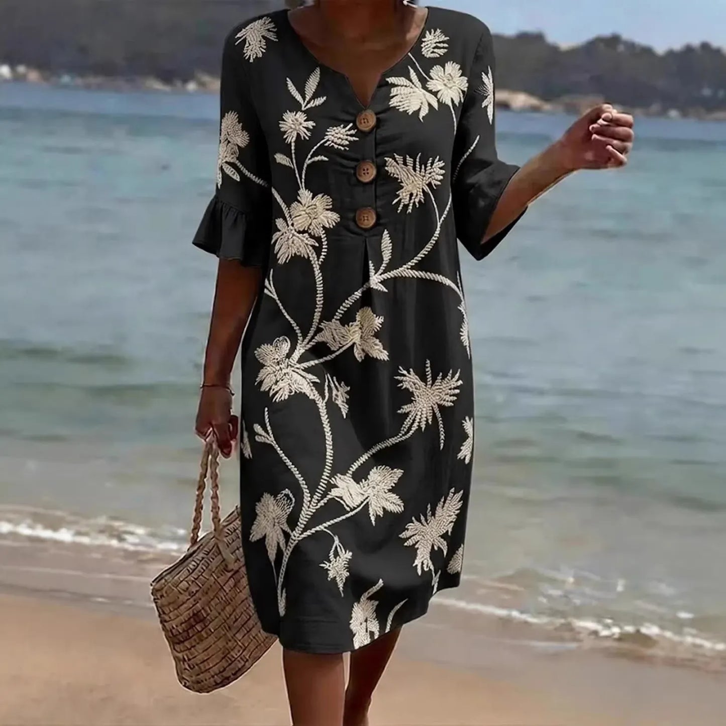💃Women's Printed V-Neck Button-Up Midi Dress - A Perfect Vacation Outfit