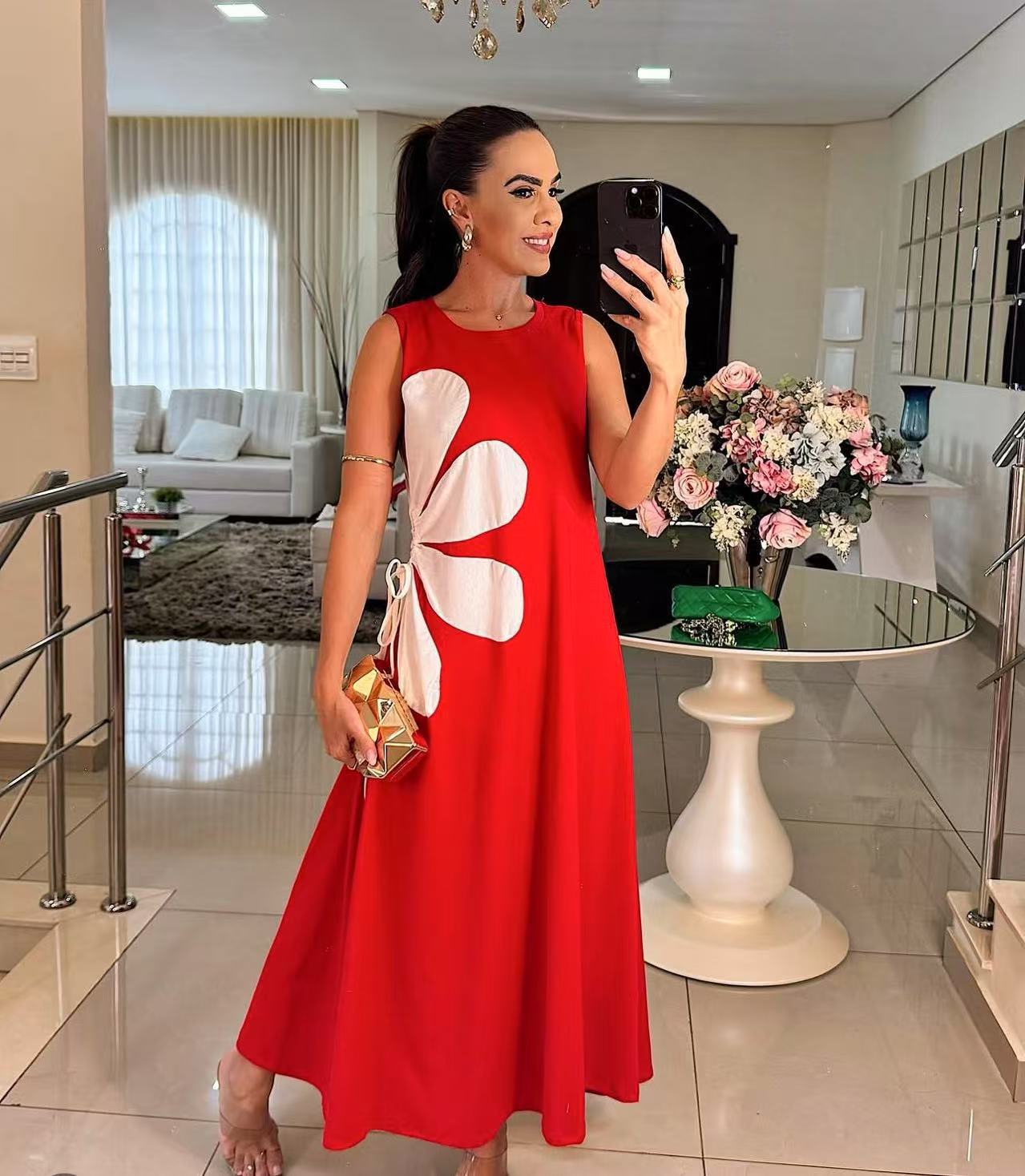 💃🌷Floral Drawstring Sleeveless Round-Neck Dress
