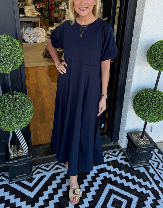 🔥Women's Solid Color Puff Sleeve Round Neck Long Dress(Buy 2 Free Shipping)
