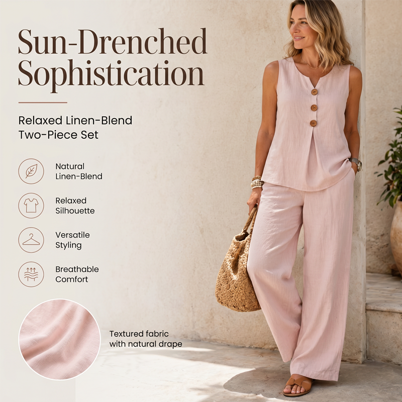 🏆 Best-Seller- Women's 2-Piece Set: V-Neck Button-Front Sleeveless Top & Trousers