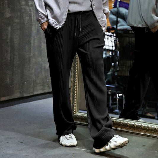 Fashion Men's Drawstring Pants Mid Waist Straight Leg Long Pants
