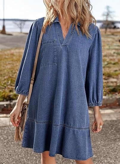 V-Neck Denim Dress-Where Comfort Meets Classic Style