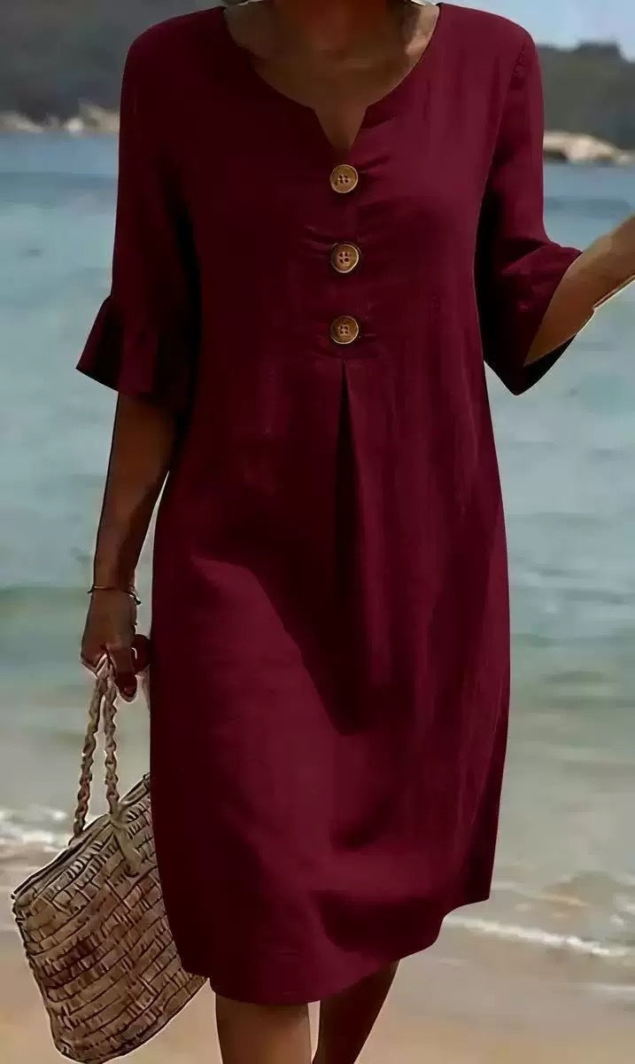 👗Women's Solid-Color Cotton Dress with Buttons and Ruffled Sleeves