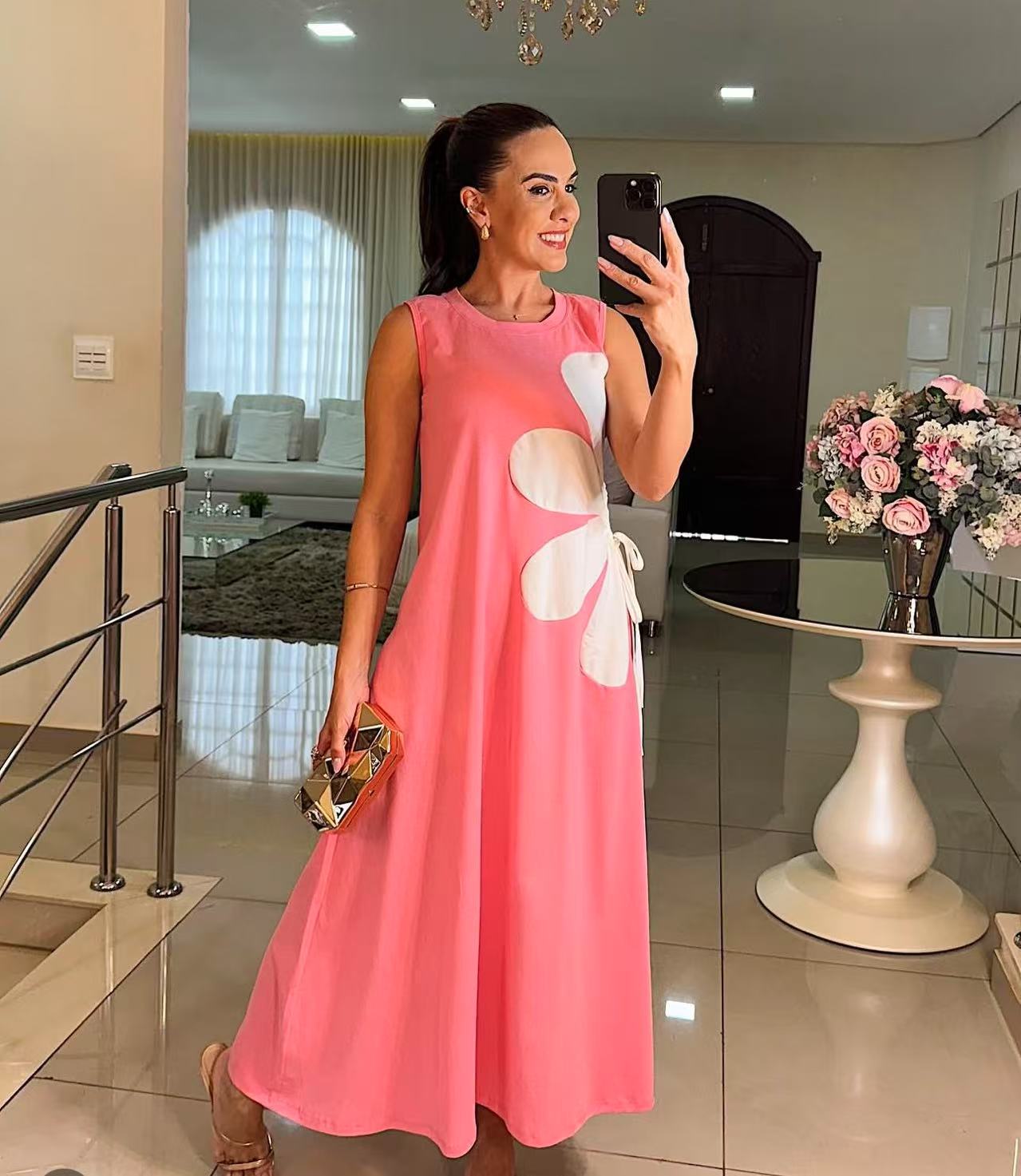 💃🌷Floral Drawstring Sleeveless Round-Neck Dress