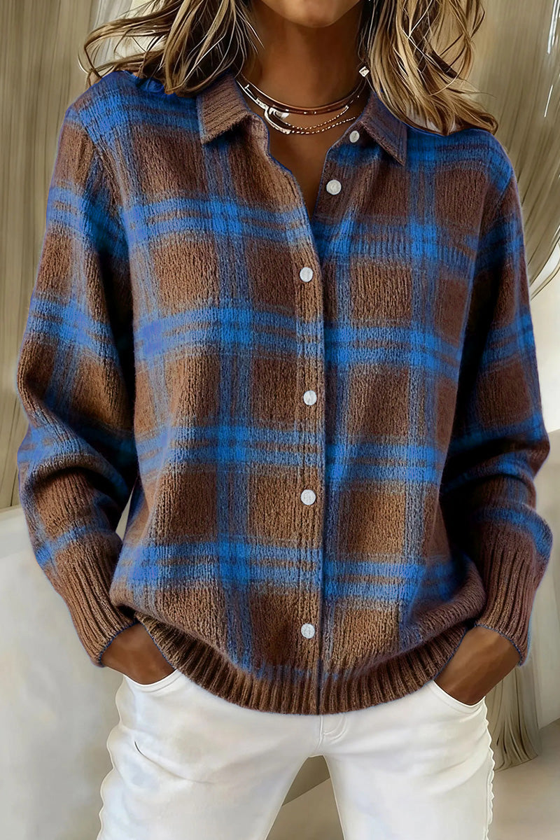 Women's Plaid Print Casual Cotton Buttoned Cardigan Sweater