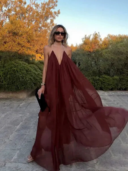 Elegant V-neck Chiffon Flowy Maxi Dress