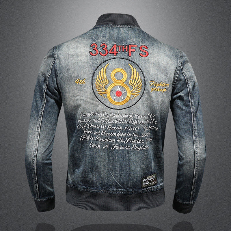 Baseball Collar Denim Jacket Men's Slim Fit Embroidered Badge Denim Jacket Tops