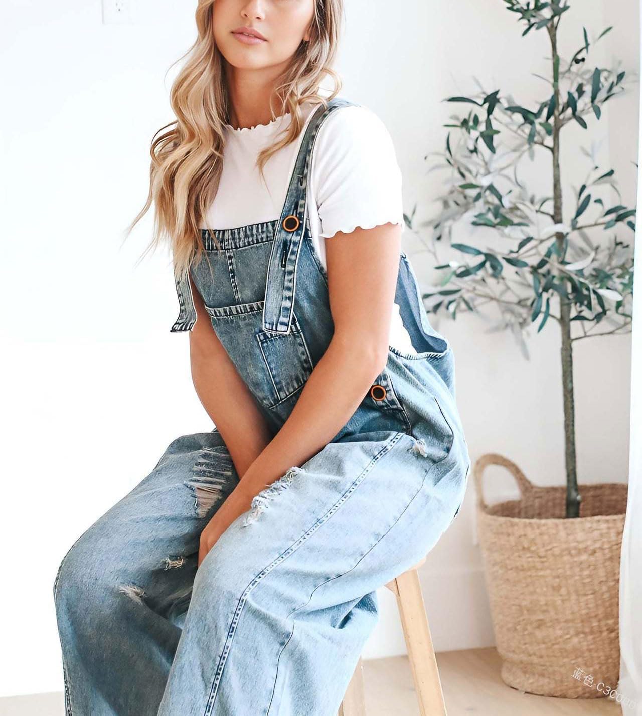 Women's Loose Fit Adjustable Strap Distressed Denim Bib Overalls (BUY 2 FREE SHIPPING)