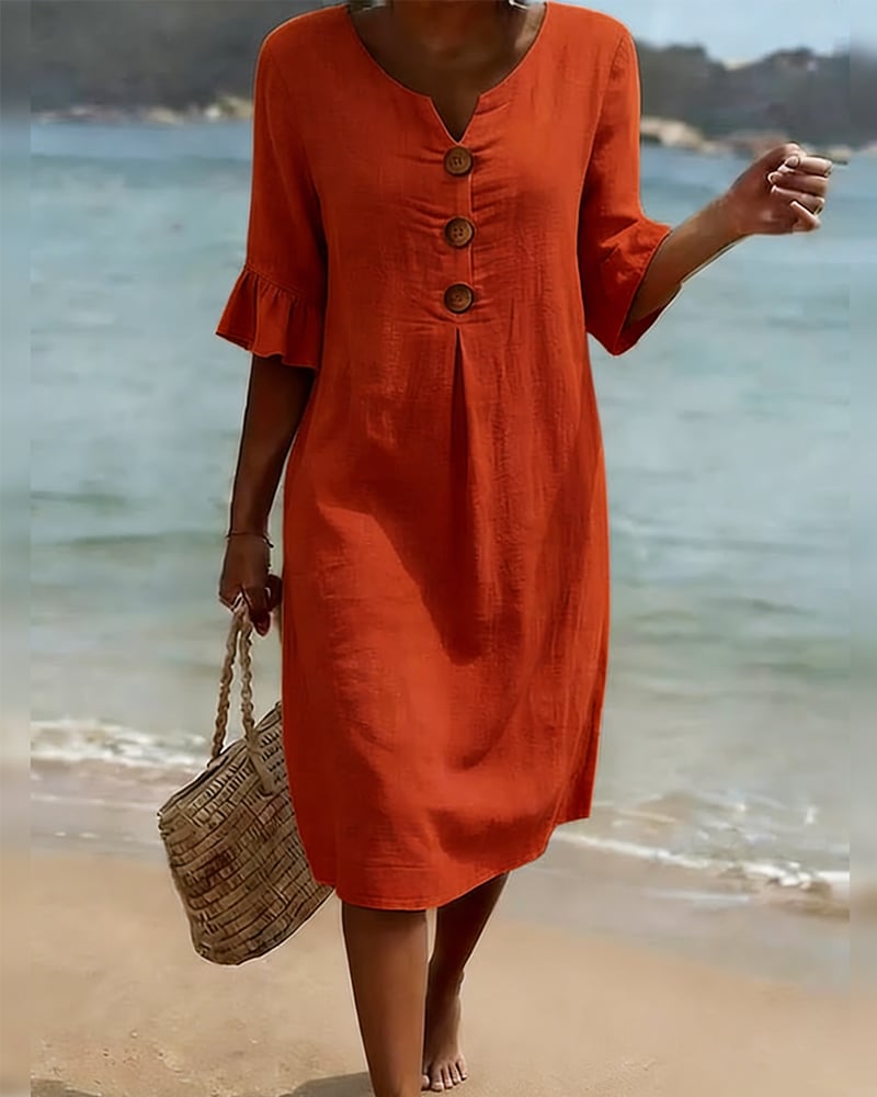 👗Women's Solid-Color Cotton Dress with Buttons and Ruffled Sleeves