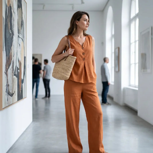 Women's Sleeveless V-Neck Button-Front Top and Trousers Two-Piece Set