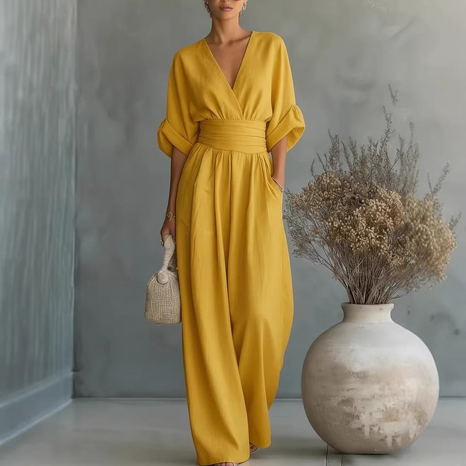 👠👠Hot sale Women's Solid-Color Elegant V-Neck Jumpsuit with Waist-Defining Fit