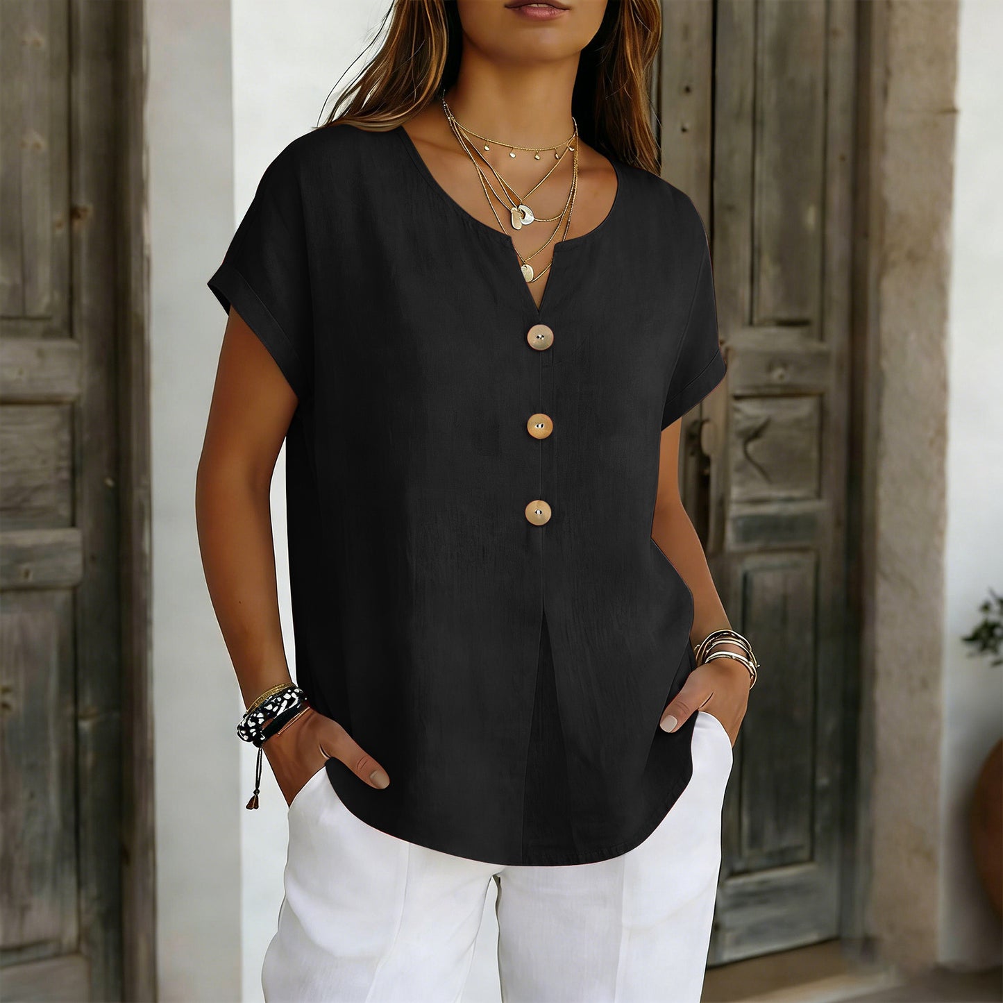 🌝Summer New Arrivals:Women's Loose V-Neck Shirt with Faux-Wood Buttons
