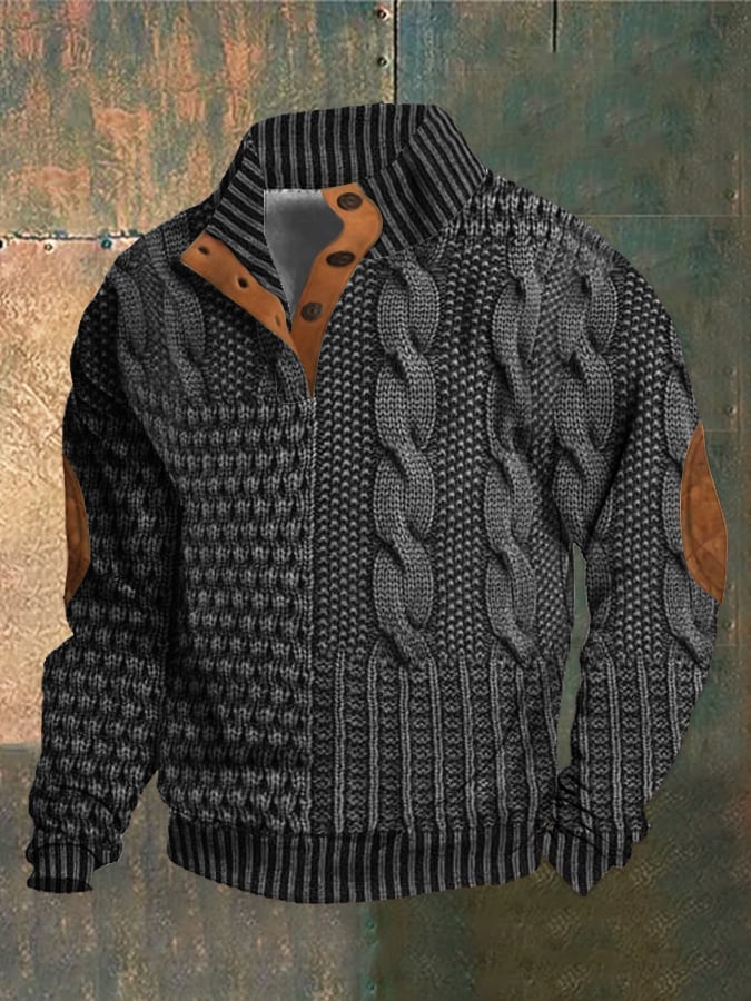 Elegant texture men's casual retro cashmere stand collar button sweatshirt