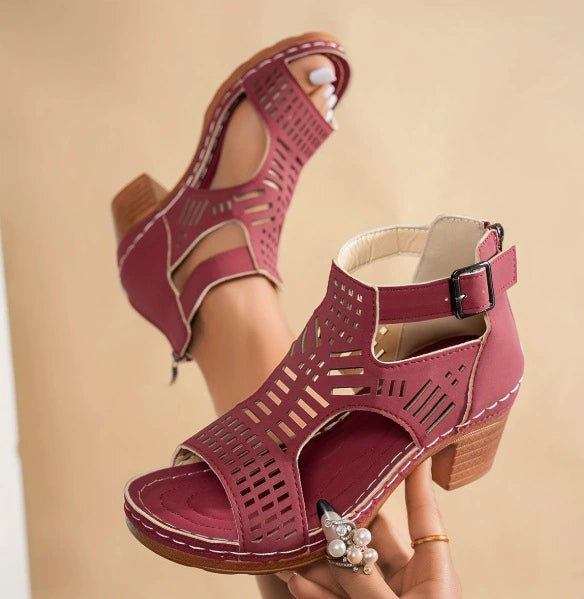 Versatile Hollow Out Mid Heel Open Toe Sandals