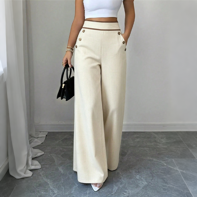 👖High-Waisted Wide-Leg Casual Pants with Contrast-Color Buttons and Pockets