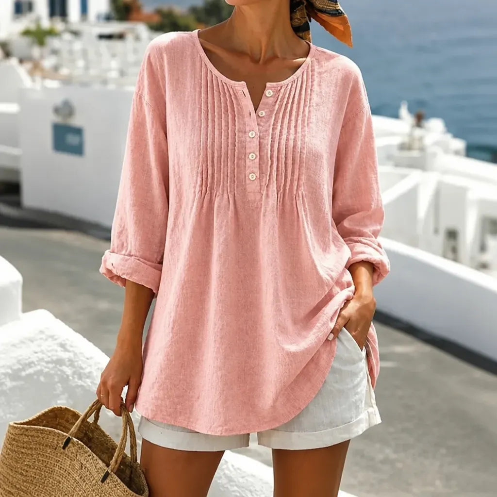 Women's pleated round neck long-sleeved plus-size shirt