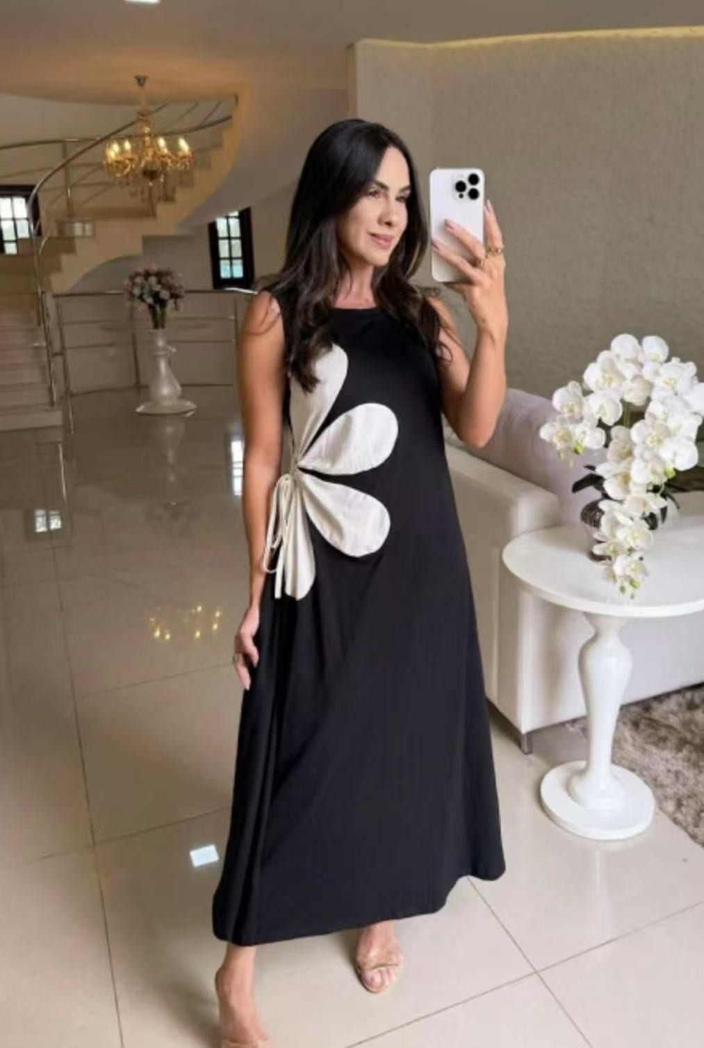 💃🌷Floral Drawstring Sleeveless Round-Neck Dress